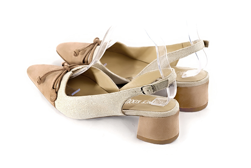 Tan beige women's open back shoes, with a knot. Tapered toe. Low flare heels. Rear view - Florence KOOIJMAN